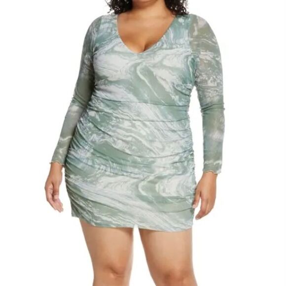 BP Women’s Dress Mini Long Sleeve Body-Con Marble Print Green White 1X NEW NWT - Picture 1 of 8